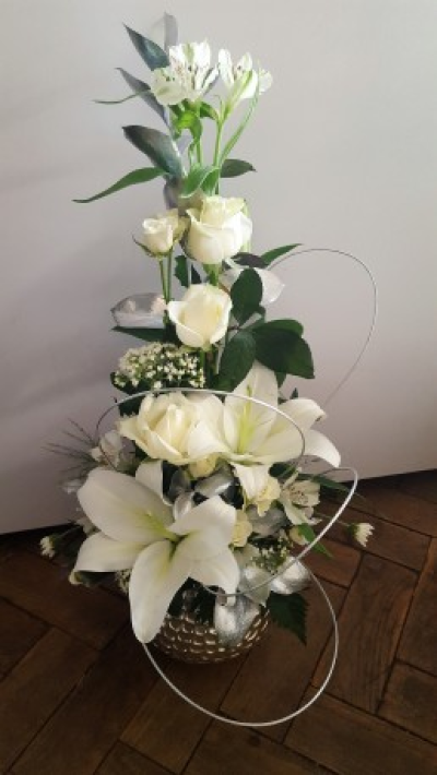 Pure - White Lily, Roses, Alstromeria, Gypsopila, mix foliage arrangement in oasis