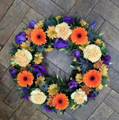 Autumn - Orange Gerbera, Purple Lisianthus, Chrysanthmums, Eryngium and Mix Foliage 12inch