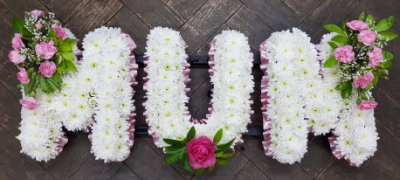 Pink & White Mum - White Chrysanthemums with pink Roses mixed foliage.