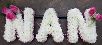 Nan Pink Letter Tribute - White Chrysanthemums with pink Roses and mixed foliage letter tribute.