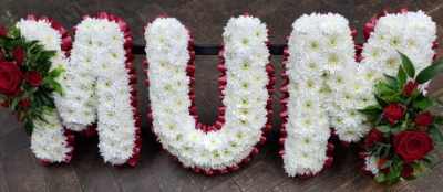 Red Mum Letter Tribute - White Chrysanthemums with white Roses and mixed foliage letter tribute.