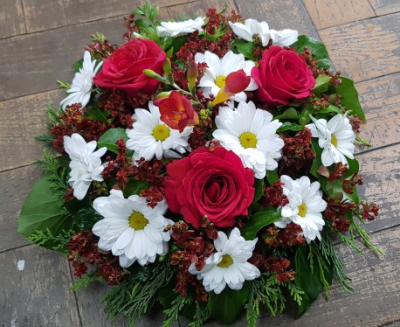 Katie Posie - Mixed red and white flowers with mixed foliage.
