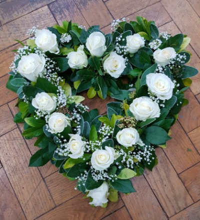 White Rose Open Heart - White Roses, Gypsophila and mix foliage Standard 17inch deluxe 19inch luxry 21inch.