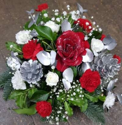 Christmas Posie - Red Rose, white and red Spray Carnations, Gypsopalia, mix foliage with silver cones.