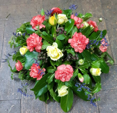 Autumn Posy - Yellow Spray Roses, orange Spray Carnations and purple fillers with mix foliage.