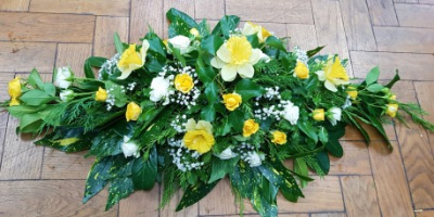 Double Ended Spray with Daffodils - Dafodils, Yellow and white spray rose, Gypsopalia and mix foliage. standard 3ft