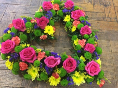 Vibrant Open Heart - Cerrise Roses, Yellow, green and purple flowers 17inch.