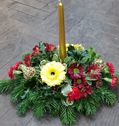 Mary Candle Arrangement - Seasonal Flowers in Oasis. Standard 12inch Deluxe 14inch.